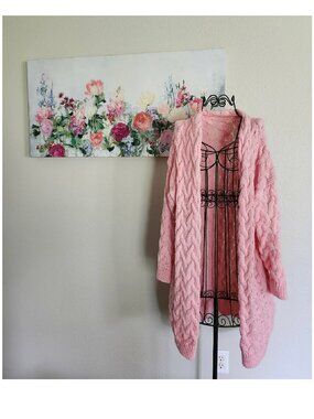 Pink Long-line Open Front Cable Knit Cardigan Duster Size XL